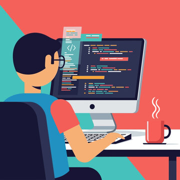 Software developer coding on computer colorful vector illustration