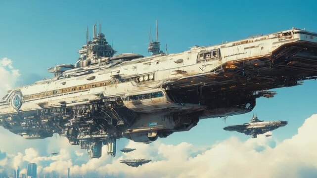 Gigantic interstellar spacecraft fleet soaring through a cloudy sky.