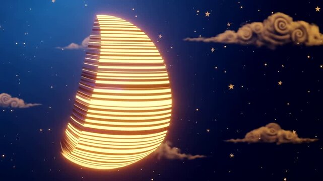 Vibrant, glowing egg-shaped object floating among whimsical clouds at night