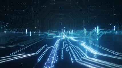 Futuristic digital circuit board tunnel with glowing blue lines and data streams technology. - Powered by Adobe