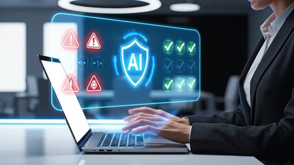 AI in Cybersecurity concept. A professional using an advanced platform to detect cyber threats and manage data protection, with a futuristic dashboard showing security alerts versus successful checks. - Powered by Adobe