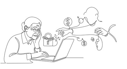 Senior faces cyber crime on laptop: online safety education, fraud awareness campaigns, elder tech support resources, scam prevention materials