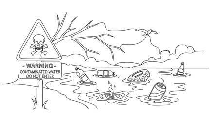 Obraz premium One line illustration of contaminated water with pollution for environmental awareness, educational materials, and social media