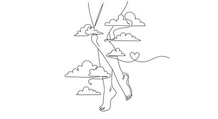 Fototapeta premium Female legs with clouds and heart in line art for sensual art projects, website graphics, romantic cards