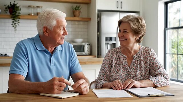 A serious senior couple managing their finances together at home, reviewing insurance documents and signing a will for their estate planning.