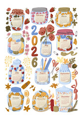 Hand drawn 2026 calendar design with decorative jars filled with seasonal elements for each month in cozy style. Concept of tea towel calendar, home decor, and yearly organization