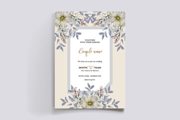 WEDDING INVITATION FRAME WITH FLOWER DECORATIONS AND FRESH LEAVES