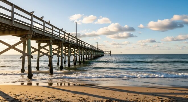 Scenic wooden pier extending over the ocean with calm waves and colorful sky at sunset