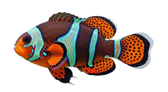 Vibrant orange and white striped clownfish with black fins swimming gracefully isolated on transparent background