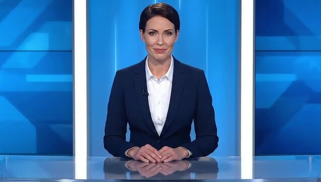 Professional Female News Anchor Reporting Live from Studio Desk with Blue Background.