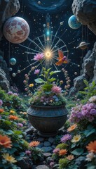 Interstellar Garden Ecosystem with Celestial Ring and Planets