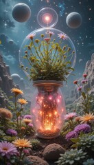 Cosmic Flowers in a Glowing Terrarium Jar on an Alien Planet