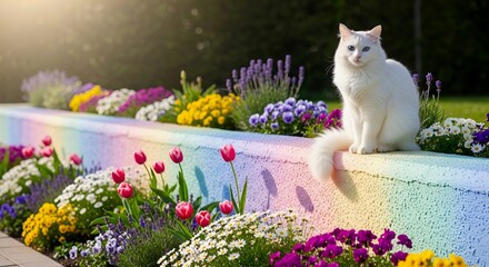 White cat sitting on a rainbow wall surrounded by colorful flowers in a sunny garden setting outdoors