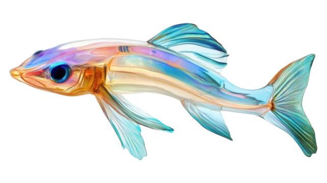 An iridescent fish with blue eyes on a black background