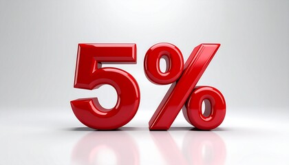 Red 3D rendered 5 percent symbol on white surface.
