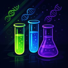 Neon Glow Science Glassware and DNA Strands Minimalist Illustration