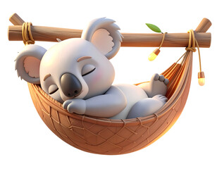  Sleeping Cartoon Koala in Hammock with Relaxed Expression isolated on transparent background PNG