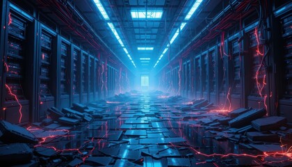 Critical Error Glowing Red Electric Discharge Server Room Ruin