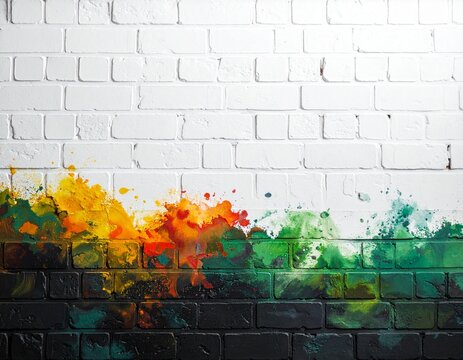 Fototapeta Białe cegły z plamami akwarelowej farby. 