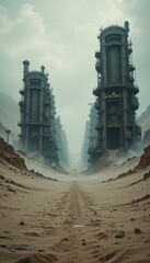 Dystopian Desert Industrial Towers Long Road to the Abandoned Future