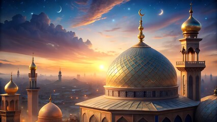 Fototapeta premium Mosque domes and minarets at sunset with starry sky