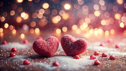 Two red heart candies in snow with bokeh lights