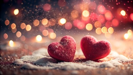 Two red heart candies in snow with bokeh lights