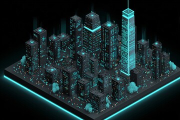 Isometric digital city built from glowing bar charts and data cubes; ascending arrows serve as skyscrapers, sleek black background with neon-blue highlights, futuristic minimal composition