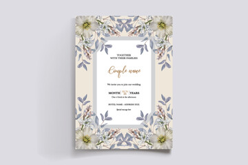 WEDDING INVITATION FRAME WITH FLOWER DECORATIONS AND FRESH LEAVES
