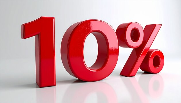 Red 10 Percent Symbol on White Background for Discounts.