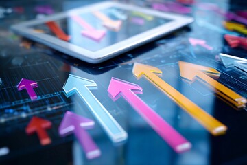 Minimal flat lay of a white tablet and stylus on a desk; screen displays interactive data visualization with bright pastel charts and arrows, top-down shot, daylight reflection, modern tech aesthetic