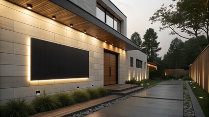 Contemporary house exterior with modern stone facade and lighting