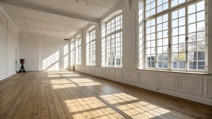 Empty spacious room with large windows and wooden floor