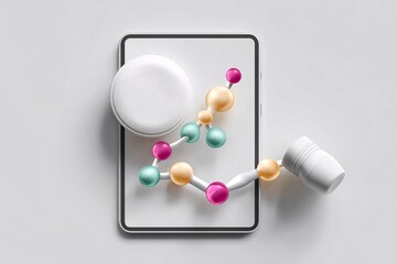 Minimal flat lay of a white tablet and stylus on a desk; screen displays interactive data visualization with bright pastel charts and arrows, top-down shot, daylight reflection, modern tech aesthetic