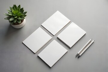 Business card mockup with succulent and pens on grey surface