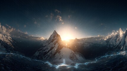 Ultra-wide panorama of a digital mountain landscape made of luminous stock graphs; glowing arrows protrude from peaks, neon grid ground, dramatic sunset sky, cinematic wide-angle lens