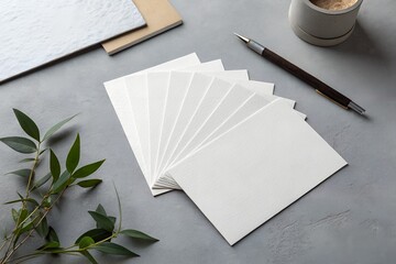 Blank white cards fanned out on a gray surface with a pen
