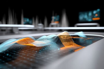 Photorealistic macro view of a translucent touch interface projected above a desk; interface shows rising trend lines and data points in holographic orange and teal, soft ambient glow, high-tech