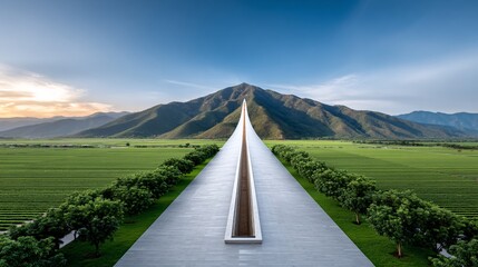 Aerial shot of a solar panel farm arranged into an upward arrow shape; sunrise casting golden light on panels, lush green fields around, photographic landscape, hopeful optimistic mood