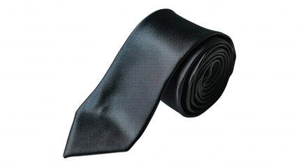 Close up of a shiny black tie rolled up on black background