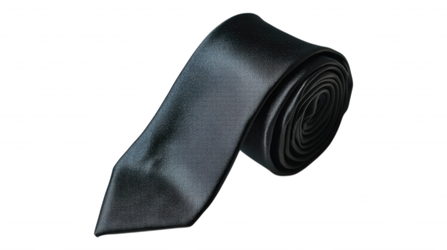 Close up of a shiny black tie rolled up on black background