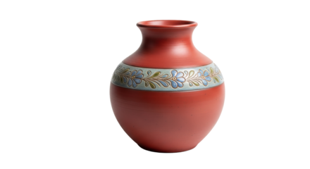 Red vase displays decorative floral band around its upper section against a isolated background.