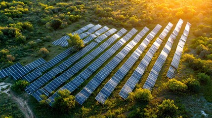 Aerial shot of a solar panel farm arranged into an upward arrow shape; sunrise casting golden light on panels, lush green fields around, photographic landscape, hopeful optimistic mood