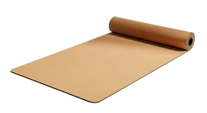 Rolled yoga mat sits partially unrolled on a dark surface, revealing the layers and texture of its material.
