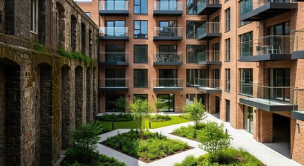 Old stone wall next to newly built brick apartment building with modern balconies and green courtyard. Urban renewal concept.