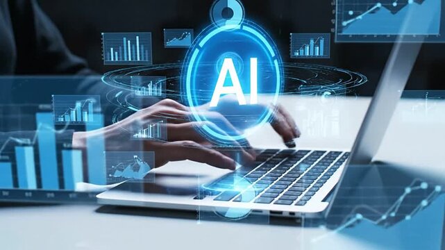 AI-powered Business Intelligence (BI) concept. A data analyst or professional using an advanced platform on a laptop to analyze big data, create reports, and visualize business performance. - Powered by Adobe