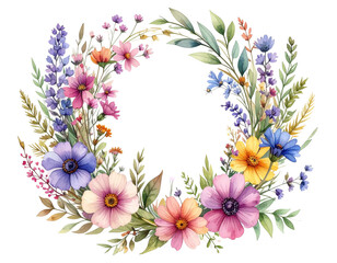 Watercolor Wreath of Wildflowers in Soft Pastel Colors isolated on white background PNG