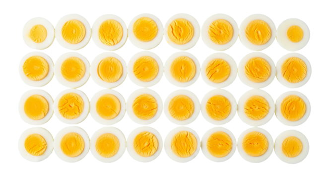 Rows of hard boiled eggs are cut in half exposing the yolk against a isolated background.