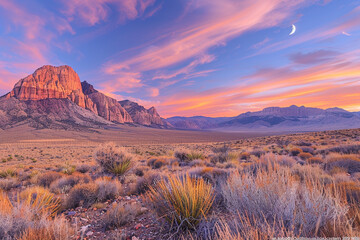 breathtaking beauty of desert landscape at dawn is enhanced by soft, delicate hues of pink and orange that fill sky as first light of day breaks, creating a serene and peaceful atmosphere   