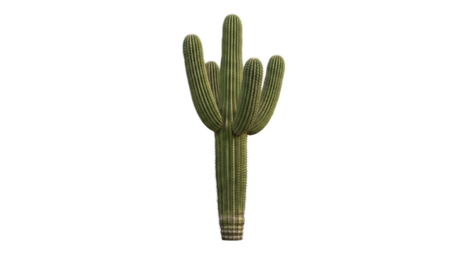 Saguaro cactus stands tall with multiple arms under even lighting, isolated against a solid .